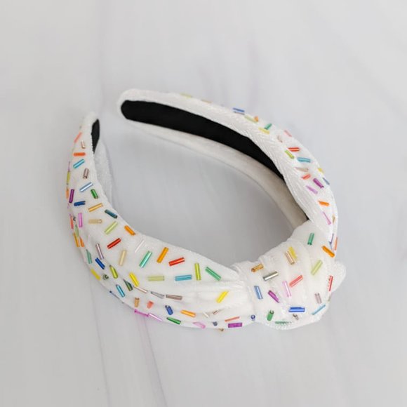 Ivory Confetti Beaded Knot Velvet Headband Rainbow Beads Handmade Knotted Turban main image 7
